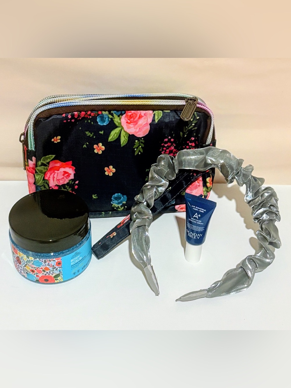 Sunday Riley Black Floral Cosmetic Pouch with Pink & Blue Roses